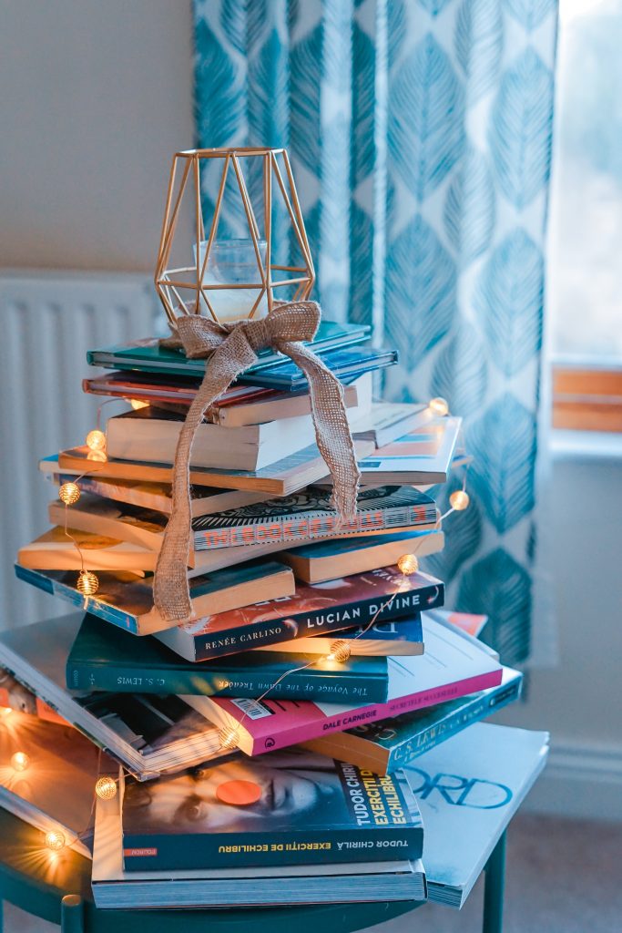 Pile of books in shape of Christmas tree